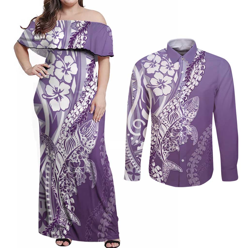 Hawaii Puakenikeni And Maile Lei Couples Matching Off Shoulder Maxi Dress and Long Sleeve Button Shirt Violet Polynesian Shark Tattoo DT05