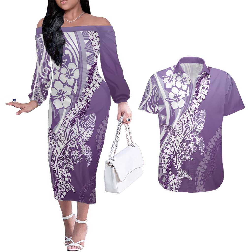 Hawaii Puakenikeni And Maile Lei Couples Matching Off The Shoulder Long Sleeve Dress and Hawaiian Shirt Violet Polynesian Shark Tattoo DT05