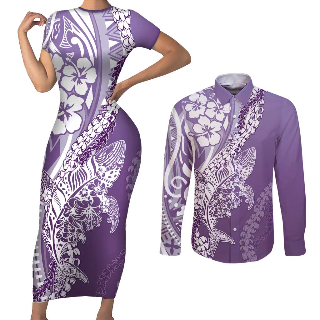 Hawaii Puakenikeni And Maile Lei Couples Matching Short Sleeve Bodycon Dress and Long Sleeve Button Shirt Violet Polynesian Shark Tattoo DT05