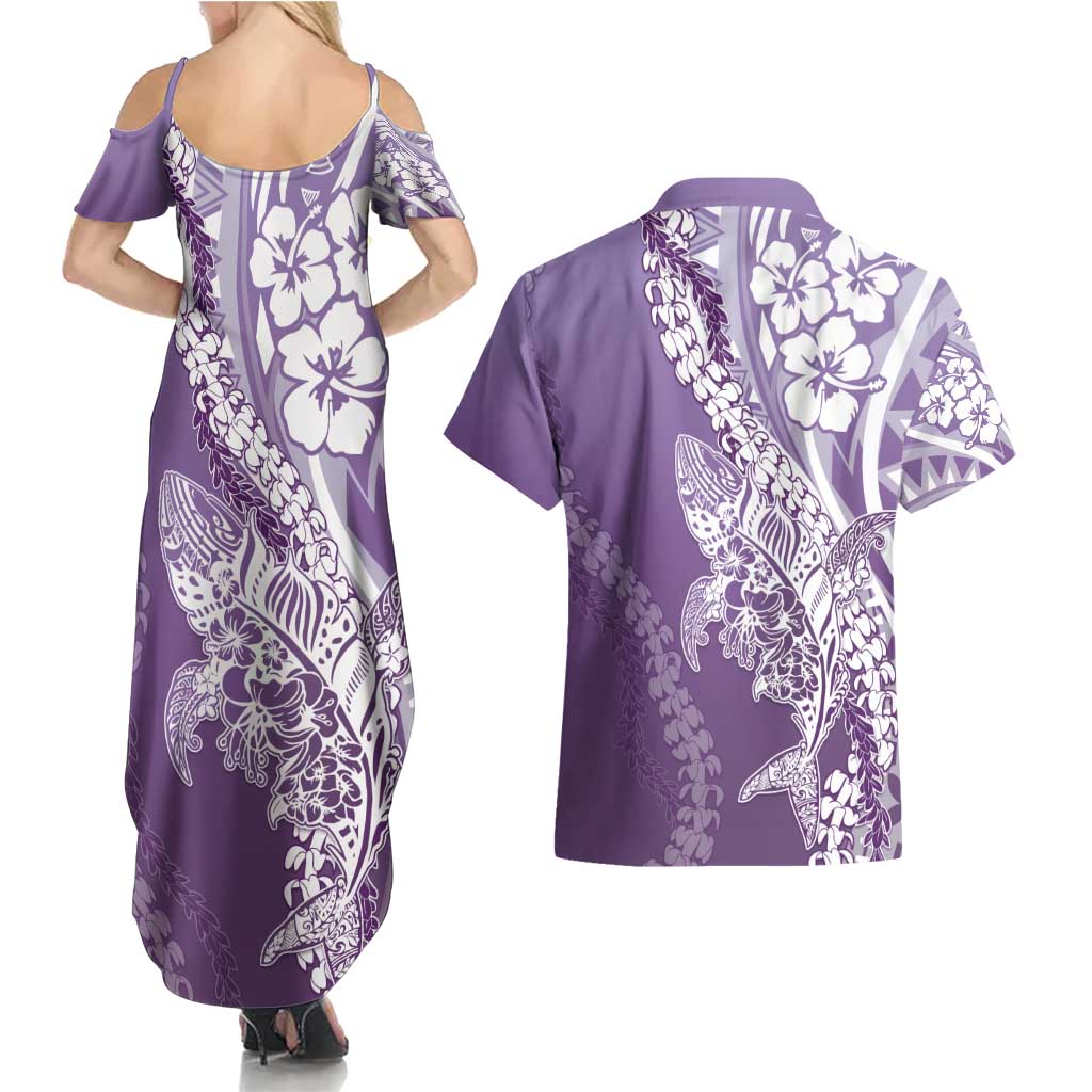 Hawaii Puakenikeni And Maile Lei Couples Matching Summer Maxi Dress and Hawaiian Shirt Violet Polynesian Shark Tattoo DT05
