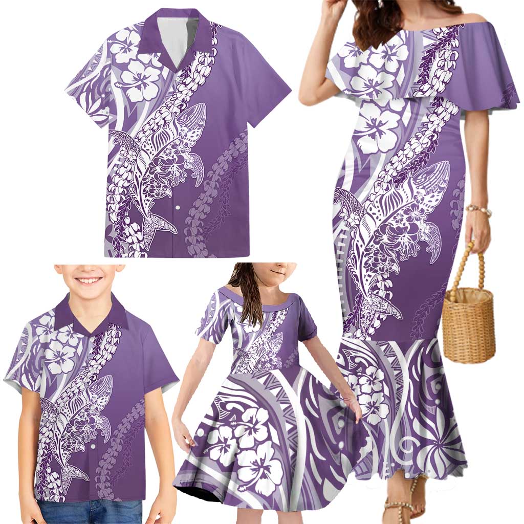 Hawaii Puakenikeni And Maile Lei Family Matching Mermaid Dress and Hawaiian Shirt Violet Polynesian Shark Tattoo DT05