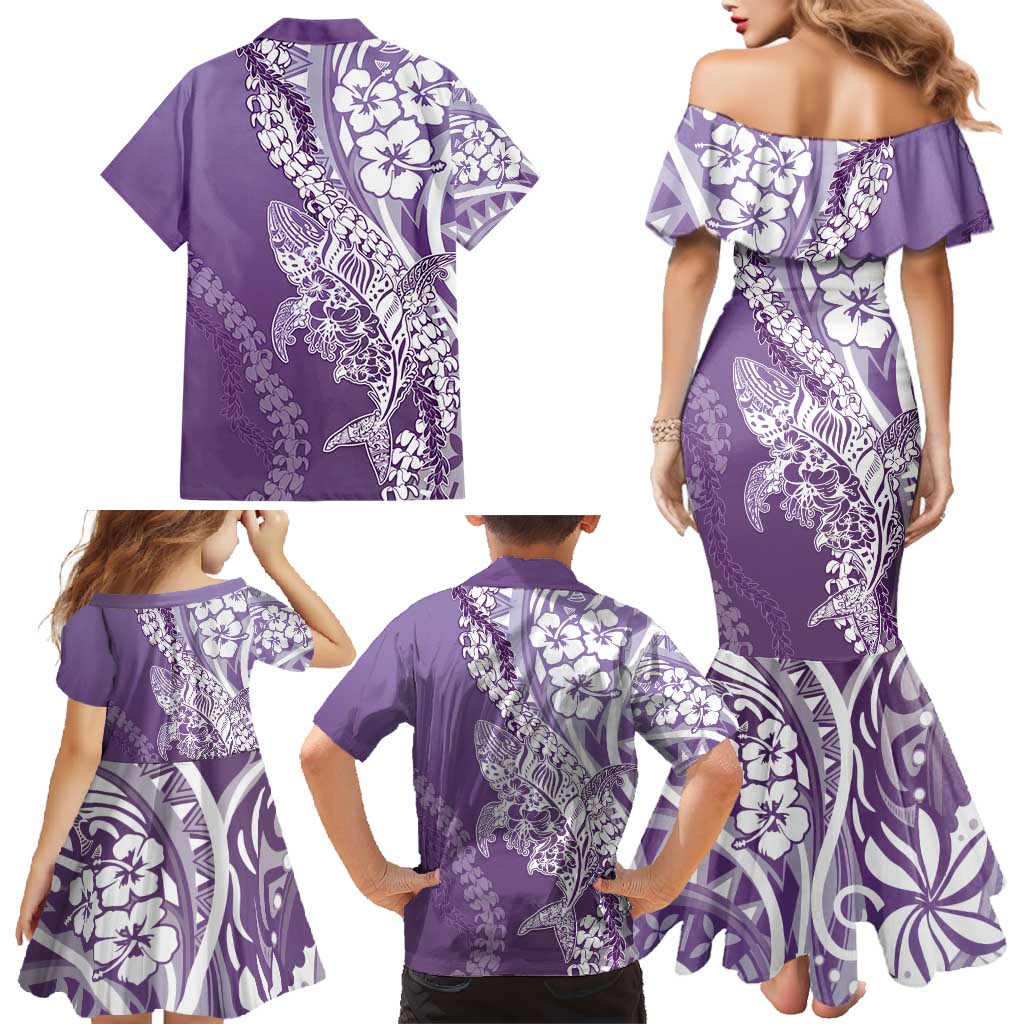 Hawaii Puakenikeni And Maile Lei Family Matching Mermaid Dress and Hawaiian Shirt Violet Polynesian Shark Tattoo DT05