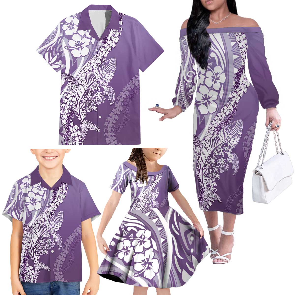 Hawaii Puakenikeni And Maile Lei Family Matching Off The Shoulder Long Sleeve Dress and Hawaiian Shirt Violet Polynesian Shark Tattoo DT05