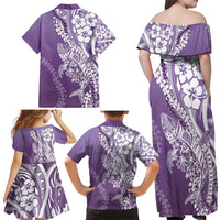 Hawaii Puakenikeni And Maile Lei Family Matching Off Shoulder Maxi Dress and Hawaiian Shirt Violet Polynesian Shark Tattoo DT05