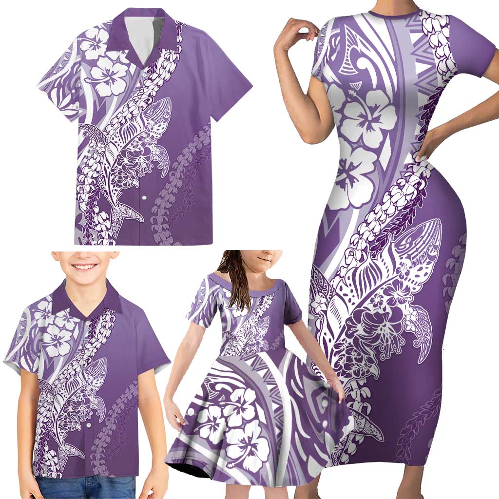 Hawaii Puakenikeni And Maile Lei Family Matching Short Sleeve Bodycon Dress and Hawaiian Shirt Violet Polynesian Shark Tattoo DT05
