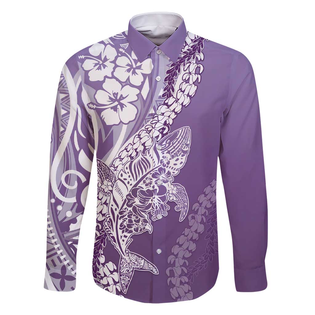 Hawaii Puakenikeni And Maile Lei Family Matching Short Sleeve Bodycon Dress and Hawaiian Shirt Violet Polynesian Shark Tattoo DT05