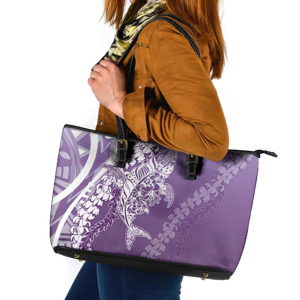 Hawaii Puakenikeni And Maile Lei Leather Tote Bag Violet Polynesian Shark Tattoo DT05