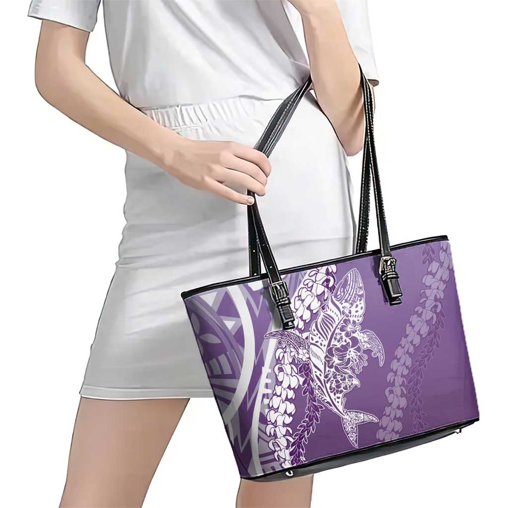 Hawaii Puakenikeni And Maile Lei Leather Tote Bag Violet Polynesian Shark Tattoo DT05