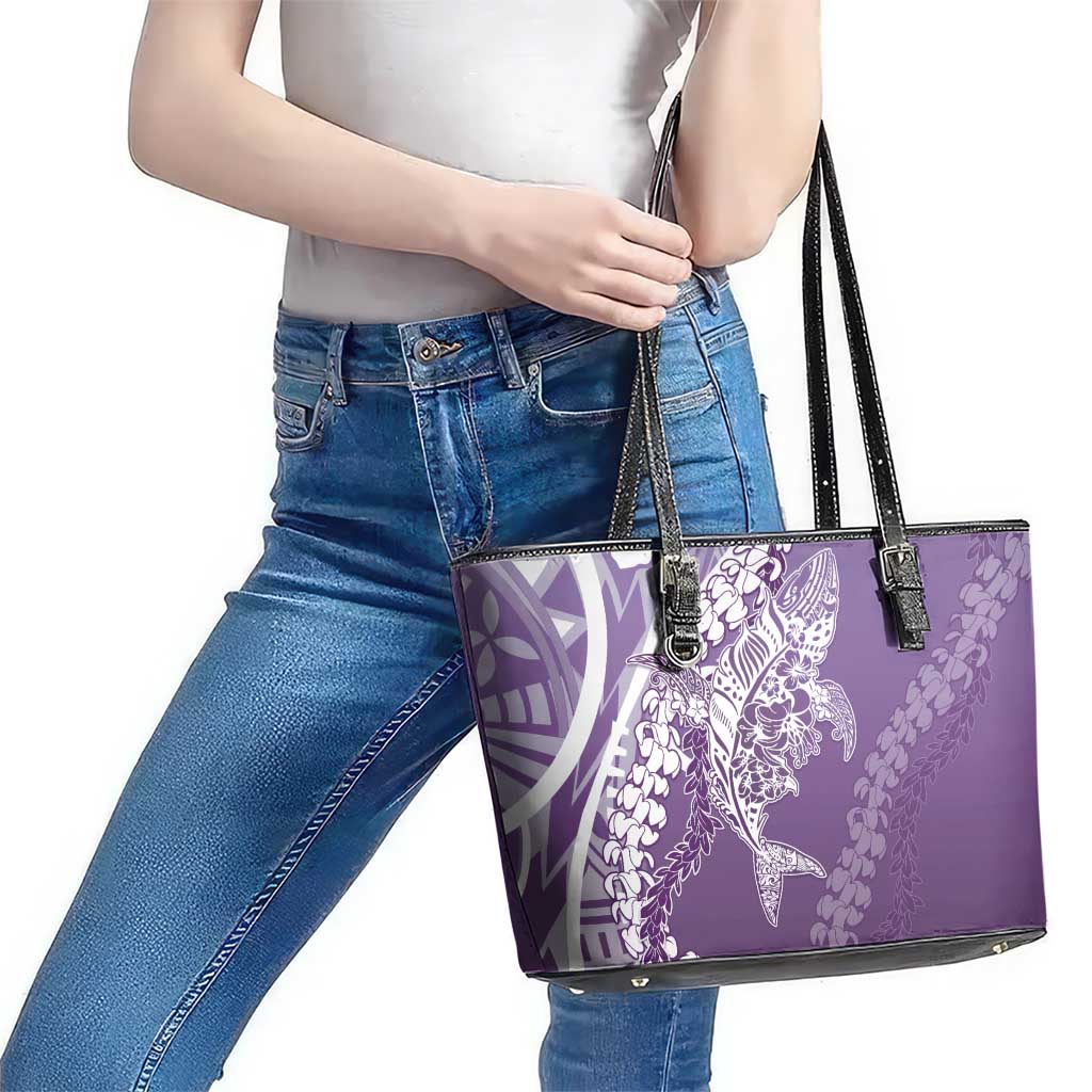 Hawaii Puakenikeni And Maile Lei Leather Tote Bag Violet Polynesian Shark Tattoo DT05