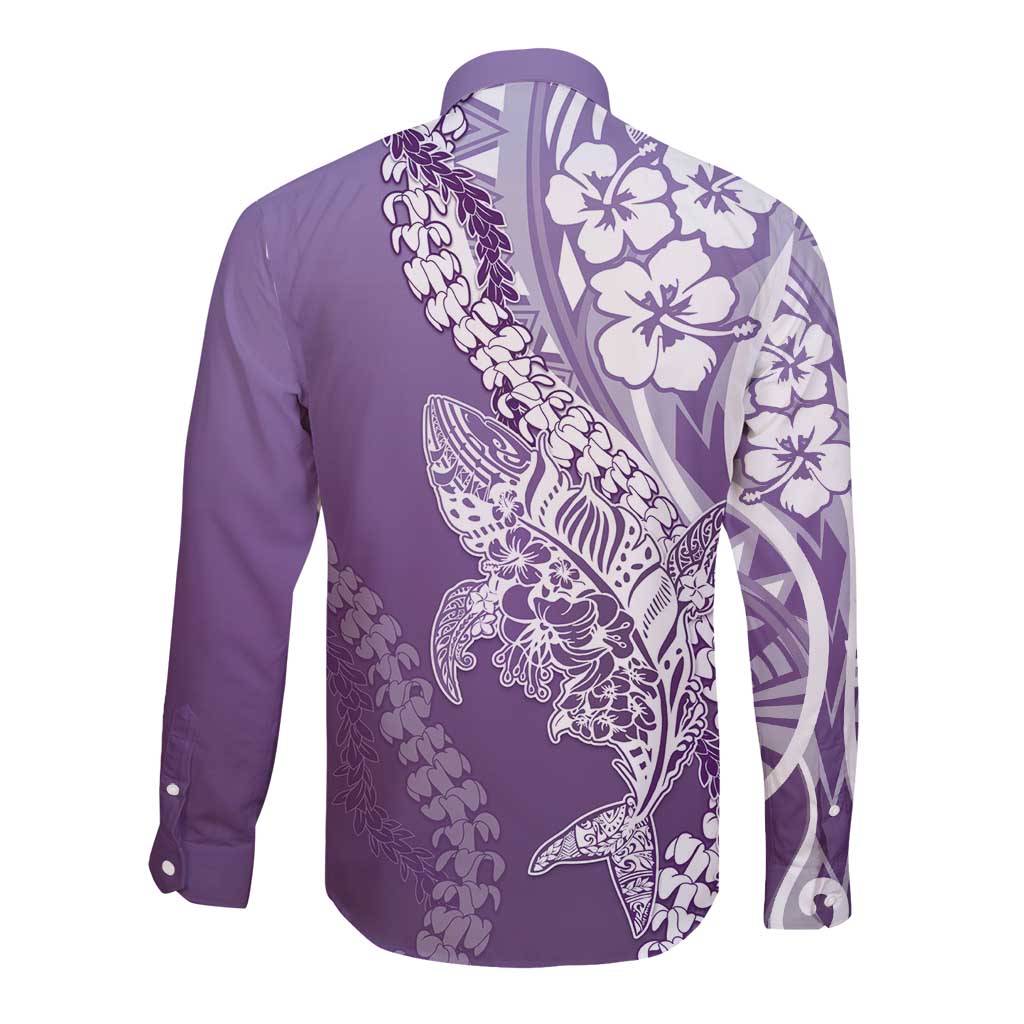 Hawaii Puakenikeni And Maile Lei Long Sleeve Button Shirt Violet Polynesian Shark Tattoo DT05