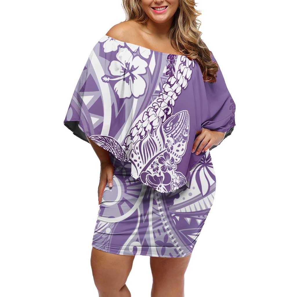 Hawaii Puakenikeni And Maile Lei Off Shoulder Short Dress Violet Polynesian Shark Tattoo DT05