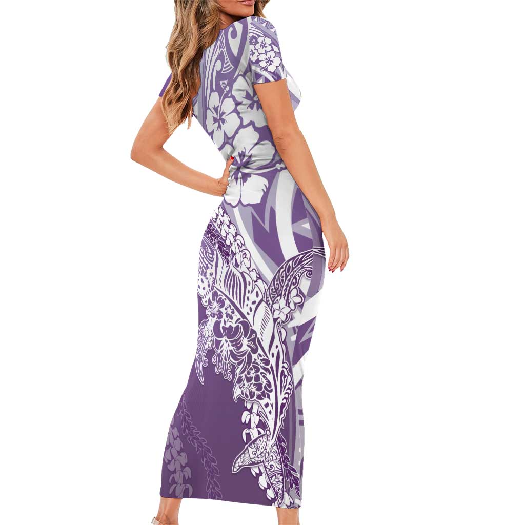 Hawaii Puakenikeni And Maile Lei Short Sleeve Bodycon Dress Violet Polynesian Shark Tattoo DT05