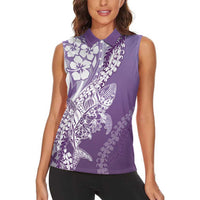 Hawaii Puakenikeni And Maile Lei Women Sleeveless Polo Shirt Violet Polynesian Shark Tattoo DT05