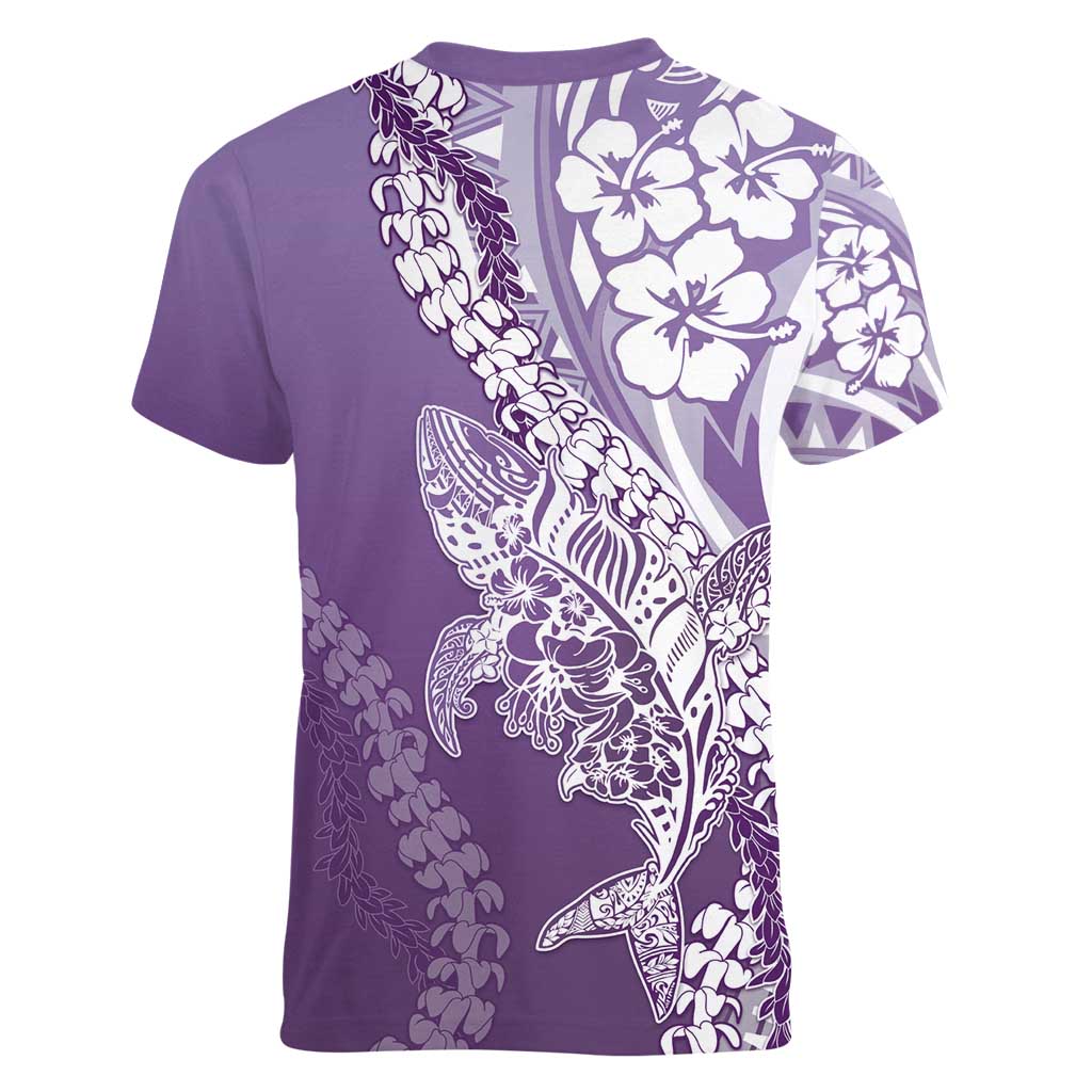 Hawaii Puakenikeni And Maile Lei Women V-Neck T-Shirt Violet Polynesian Shark Tattoo DT05 - Polynesian Pride