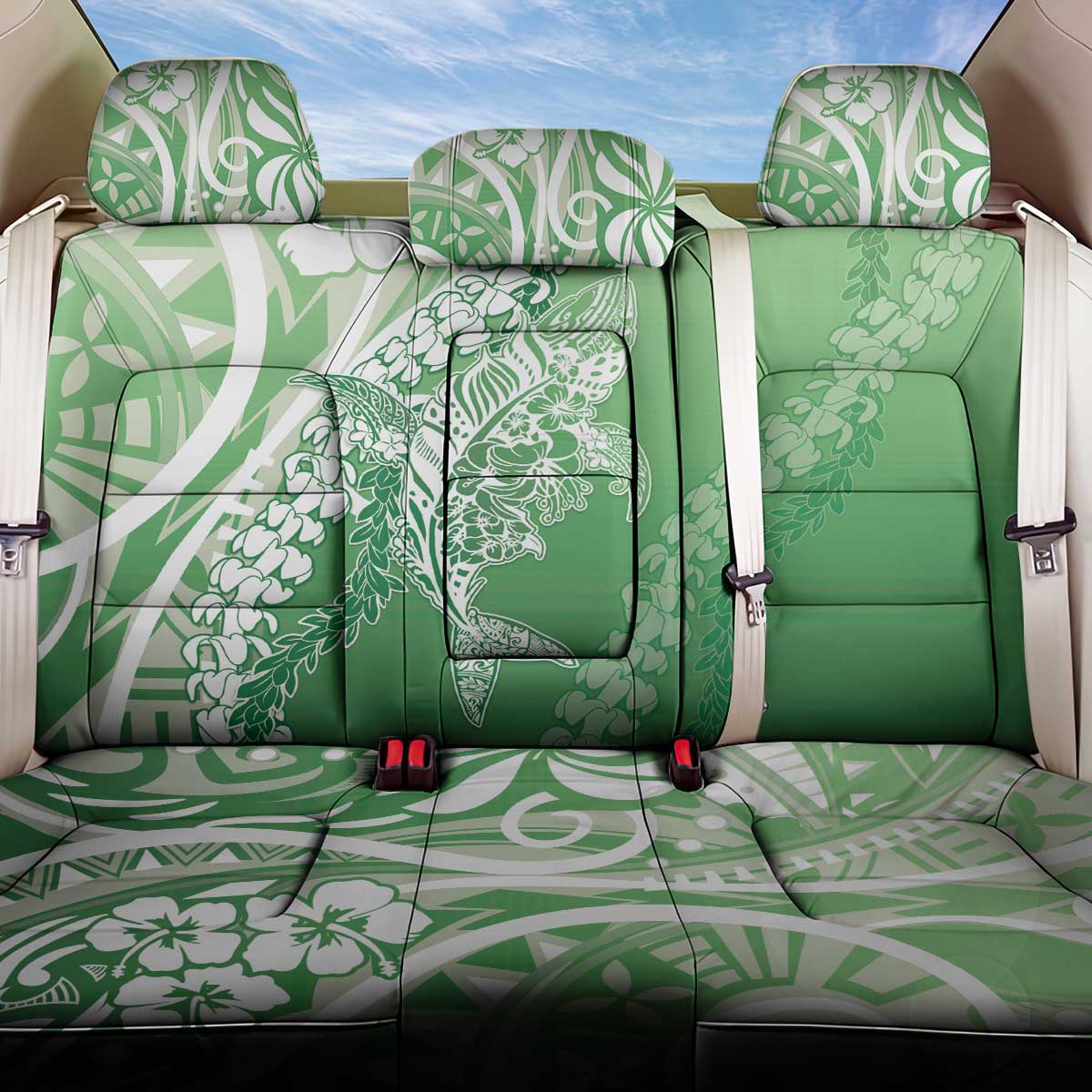 Hawaii Puakenikeni And Maile Lei Back Car Seat Cover Green Polynesian Shark Tattoo DT05