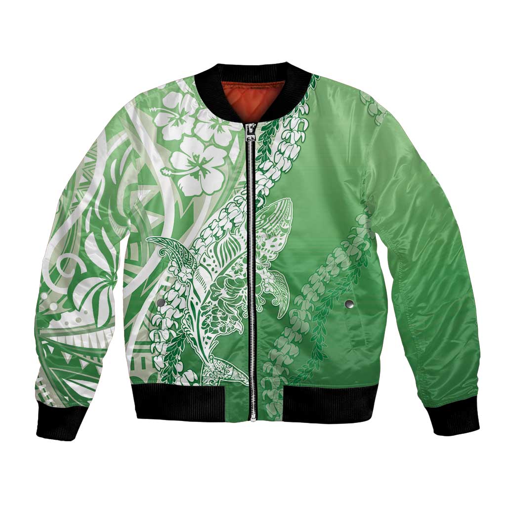 Hawaii Puakenikeni And Maile Lei Bomber Jacket Green Polynesian Shark Tattoo DT05