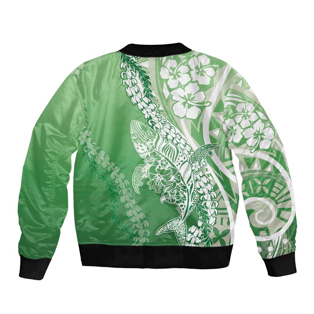 Hawaii Puakenikeni And Maile Lei Bomber Jacket Green Polynesian Shark Tattoo DT05
