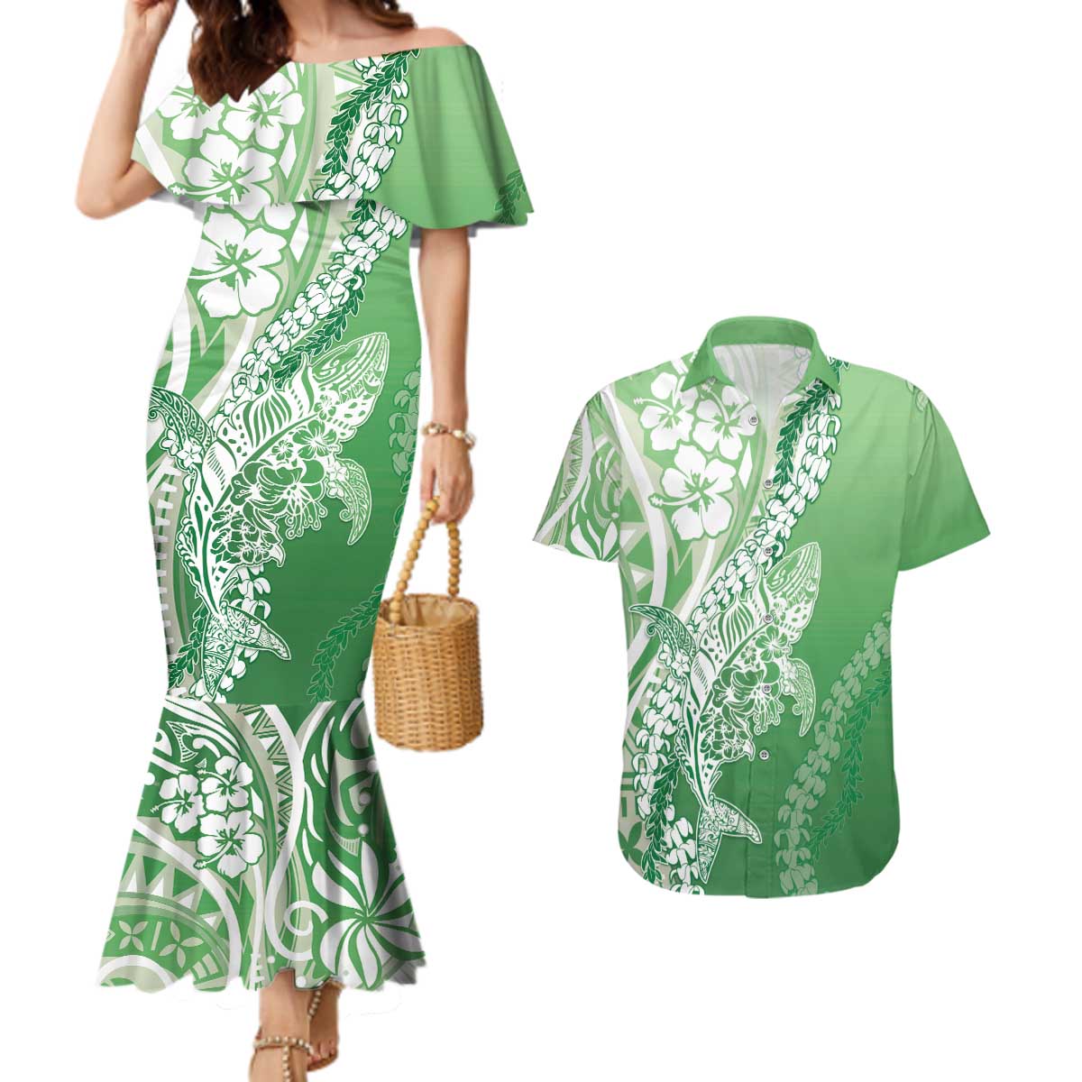 Hawaii Puakenikeni And Maile Lei Couples Matching Mermaid Dress and Hawaiian Shirt Green Polynesian Shark Tattoo DT05