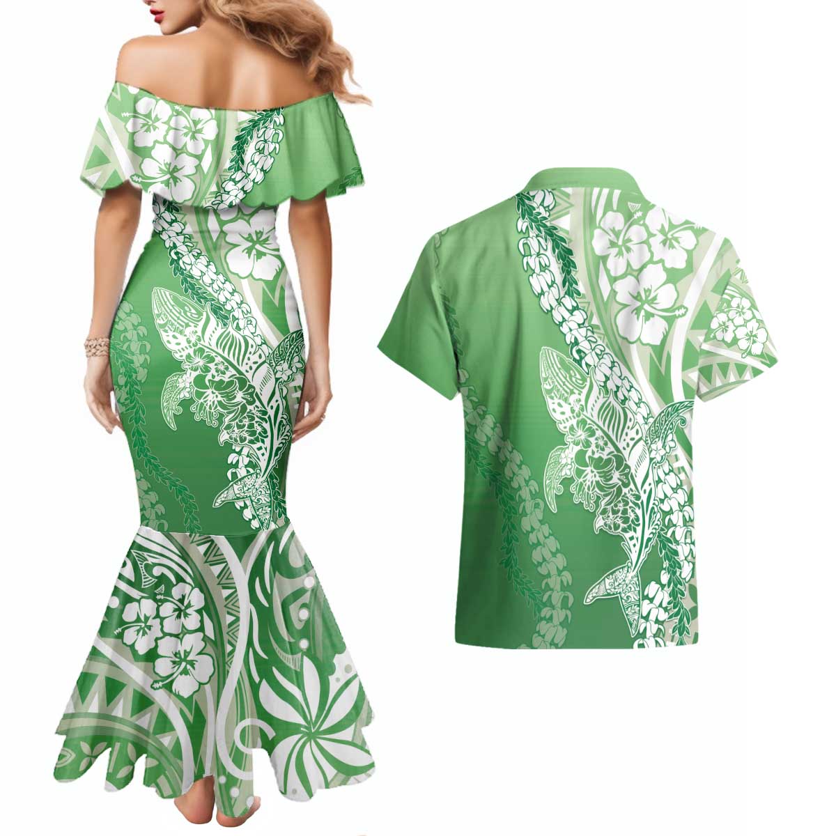 Hawaii Puakenikeni And Maile Lei Couples Matching Mermaid Dress and Hawaiian Shirt Green Polynesian Shark Tattoo DT05