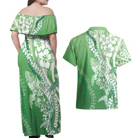 Hawaii Puakenikeni And Maile Lei Couples Matching Off Shoulder Maxi Dress and Hawaiian Shirt Green Polynesian Shark Tattoo DT05