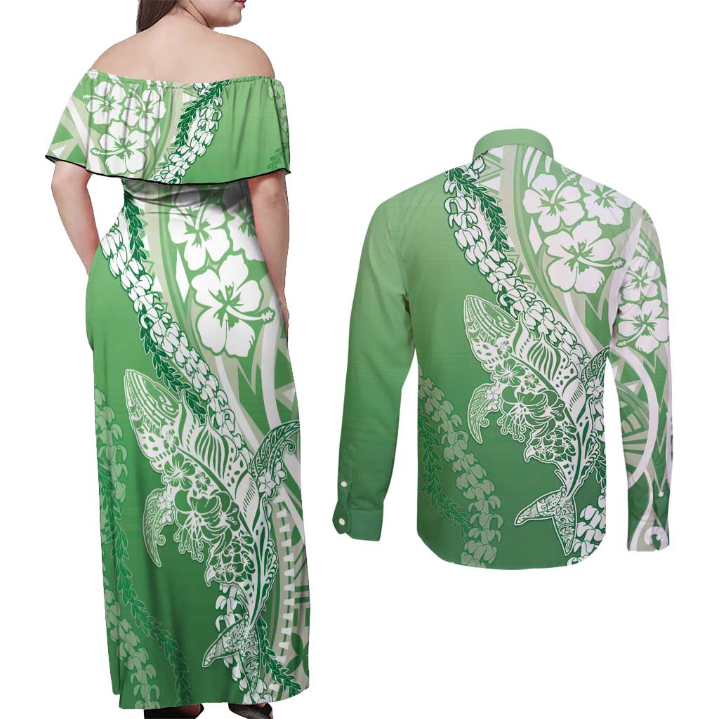 Hawaii Puakenikeni And Maile Lei Couples Matching Off Shoulder Maxi Dress and Long Sleeve Button Shirt Green Polynesian Shark Tattoo DT05