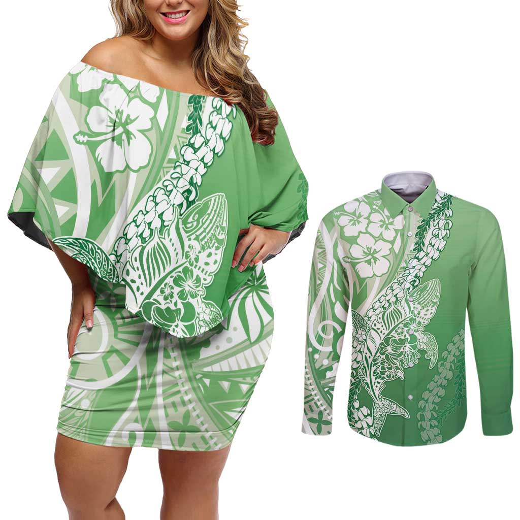 Hawaii Puakenikeni And Maile Lei Couples Matching Off Shoulder Short Dress and Long Sleeve Button Shirt Green Polynesian Shark Tattoo DT05