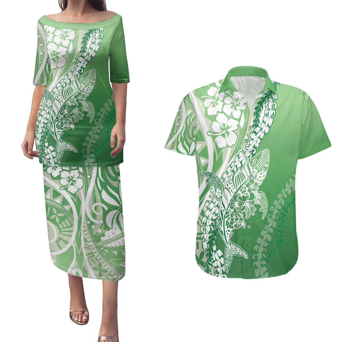Hawaii Puakenikeni And Maile Lei Couples Matching Puletasi and Hawaiian Shirt Green Polynesian Shark Tattoo DT05