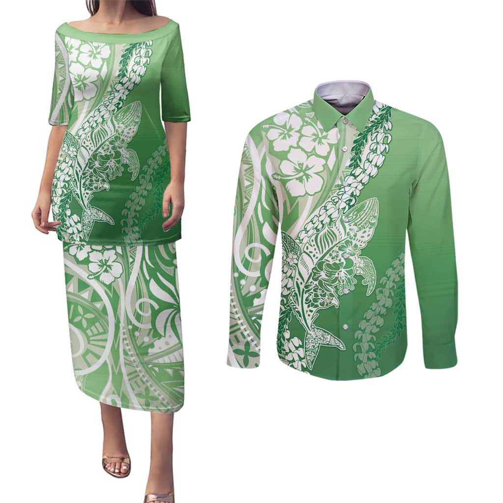 Hawaii Puakenikeni And Maile Lei Couples Matching Puletasi and Long Sleeve Button Shirt Green Polynesian Shark Tattoo DT05