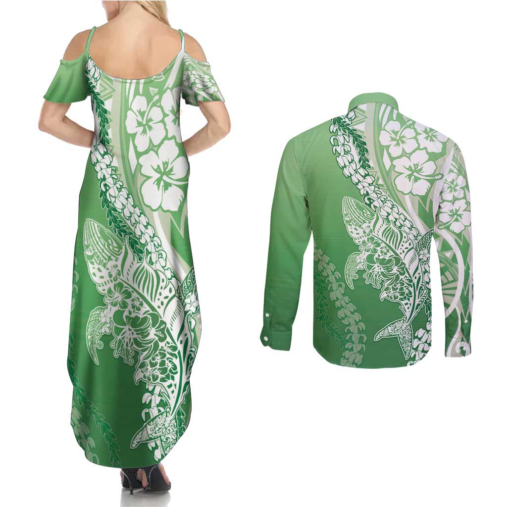 Hawaii Puakenikeni And Maile Lei Couples Matching Summer Maxi Dress and Long Sleeve Button Shirt Green Polynesian Shark Tattoo DT05