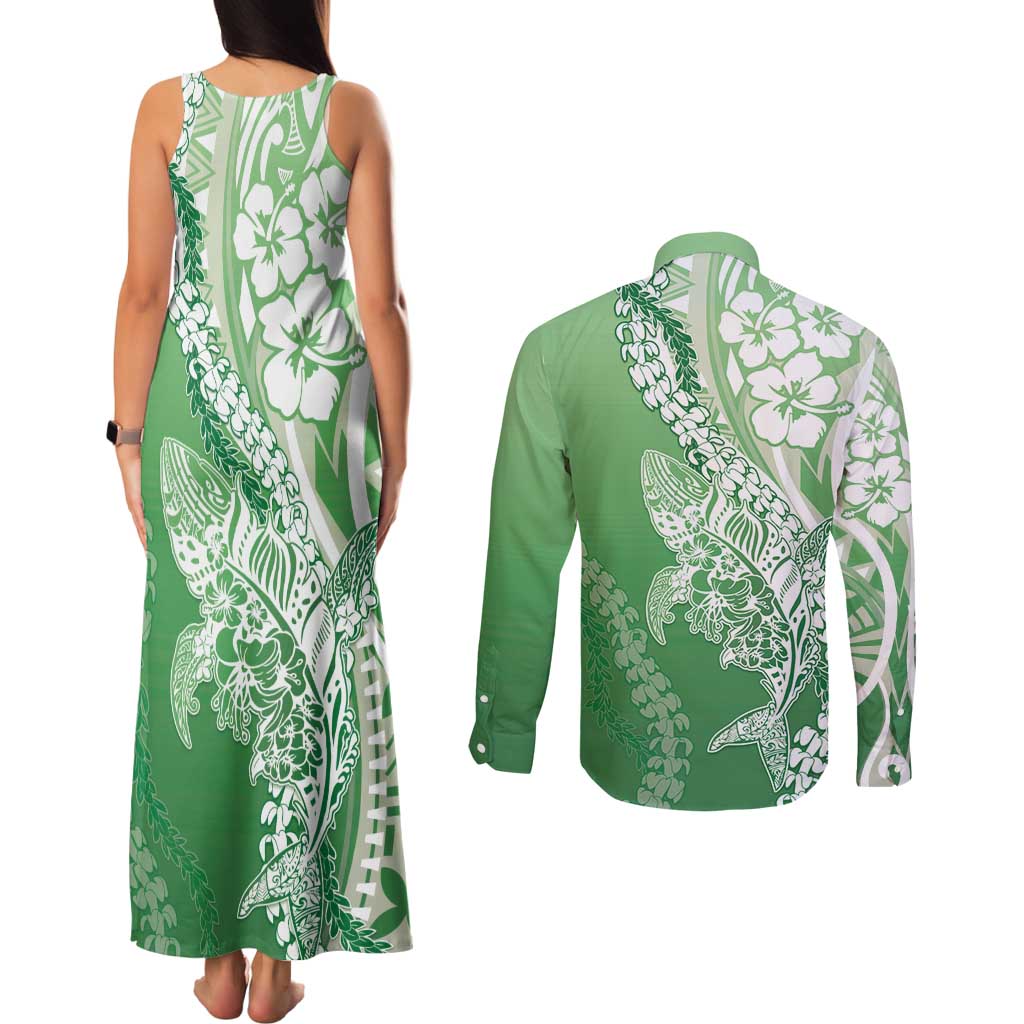 Hawaii Puakenikeni And Maile Lei Couples Matching Tank Maxi Dress and Long Sleeve Button Shirt Green Polynesian Shark Tattoo DT05