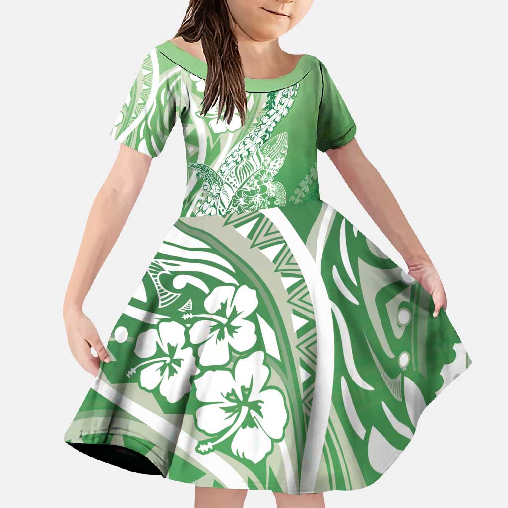 Hawaii Puakenikeni And Maile Lei Family Matching Long Sleeve Bodycon Dress and Hawaiian Shirt Green Polynesian Shark Tattoo DT05