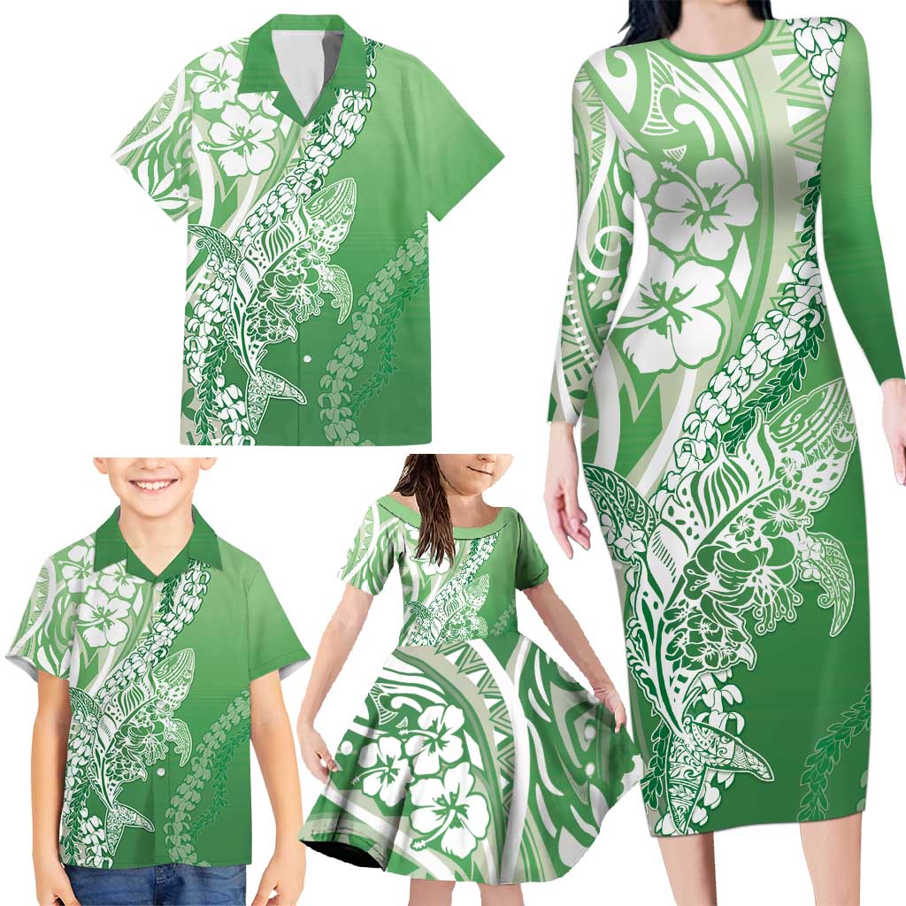 Hawaii Puakenikeni And Maile Lei Family Matching Long Sleeve Bodycon Dress and Hawaiian Shirt Green Polynesian Shark Tattoo DT05