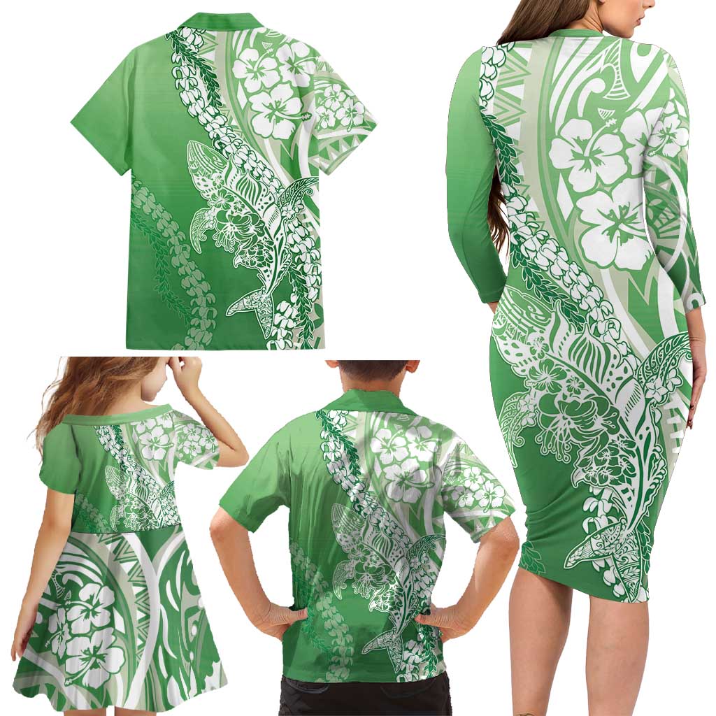 Hawaii Puakenikeni And Maile Lei Family Matching Long Sleeve Bodycon Dress and Hawaiian Shirt Green Polynesian Shark Tattoo DT05