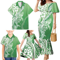 Hawaii Puakenikeni And Maile Lei Family Matching Mermaid Dress and Hawaiian Shirt Green Polynesian Shark Tattoo DT05