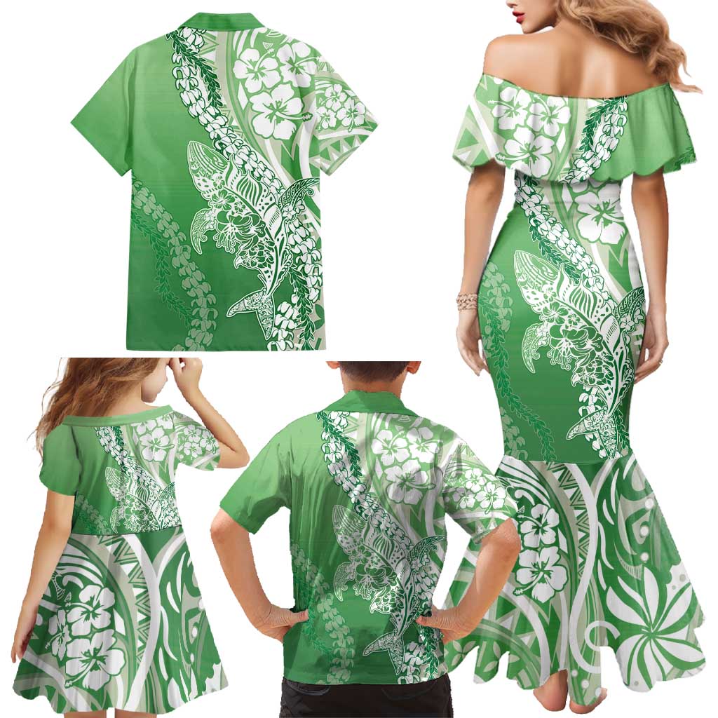 Hawaii Puakenikeni And Maile Lei Family Matching Mermaid Dress and Hawaiian Shirt Green Polynesian Shark Tattoo DT05