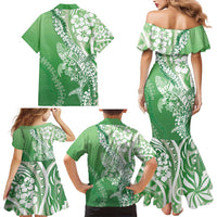 Hawaii Puakenikeni And Maile Lei Family Matching Mermaid Dress and Hawaiian Shirt Green Polynesian Shark Tattoo DT05