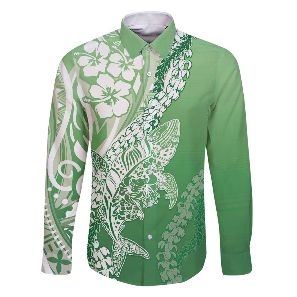 Hawaii Puakenikeni And Maile Lei Family Matching Mermaid Dress and Hawaiian Shirt Green Polynesian Shark Tattoo DT05