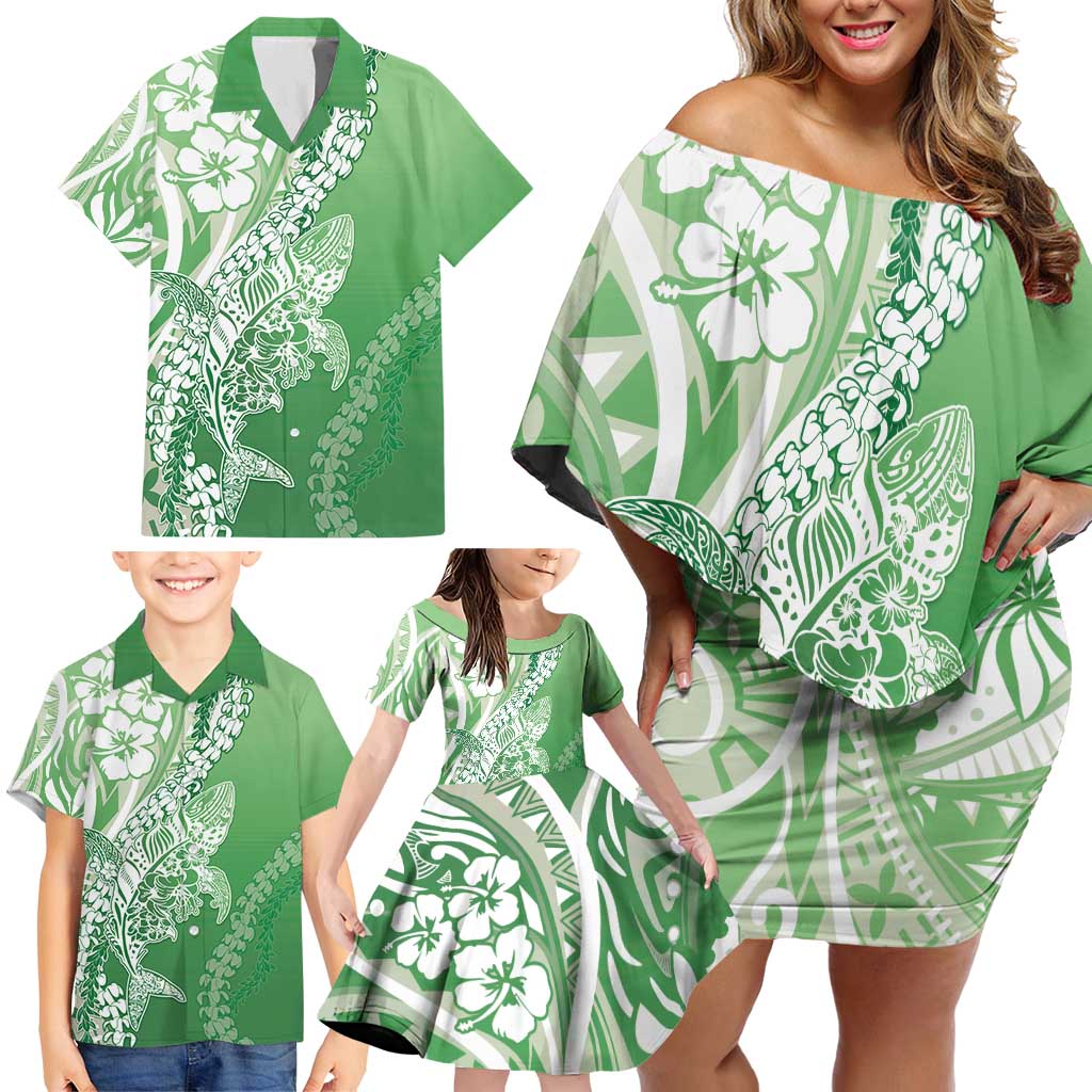 Hawaii Puakenikeni And Maile Lei Family Matching Off Shoulder Short Dress and Hawaiian Shirt Green Polynesian Shark Tattoo DT05