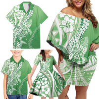 Hawaii Puakenikeni And Maile Lei Family Matching Off Shoulder Short Dress and Hawaiian Shirt Green Polynesian Shark Tattoo DT05