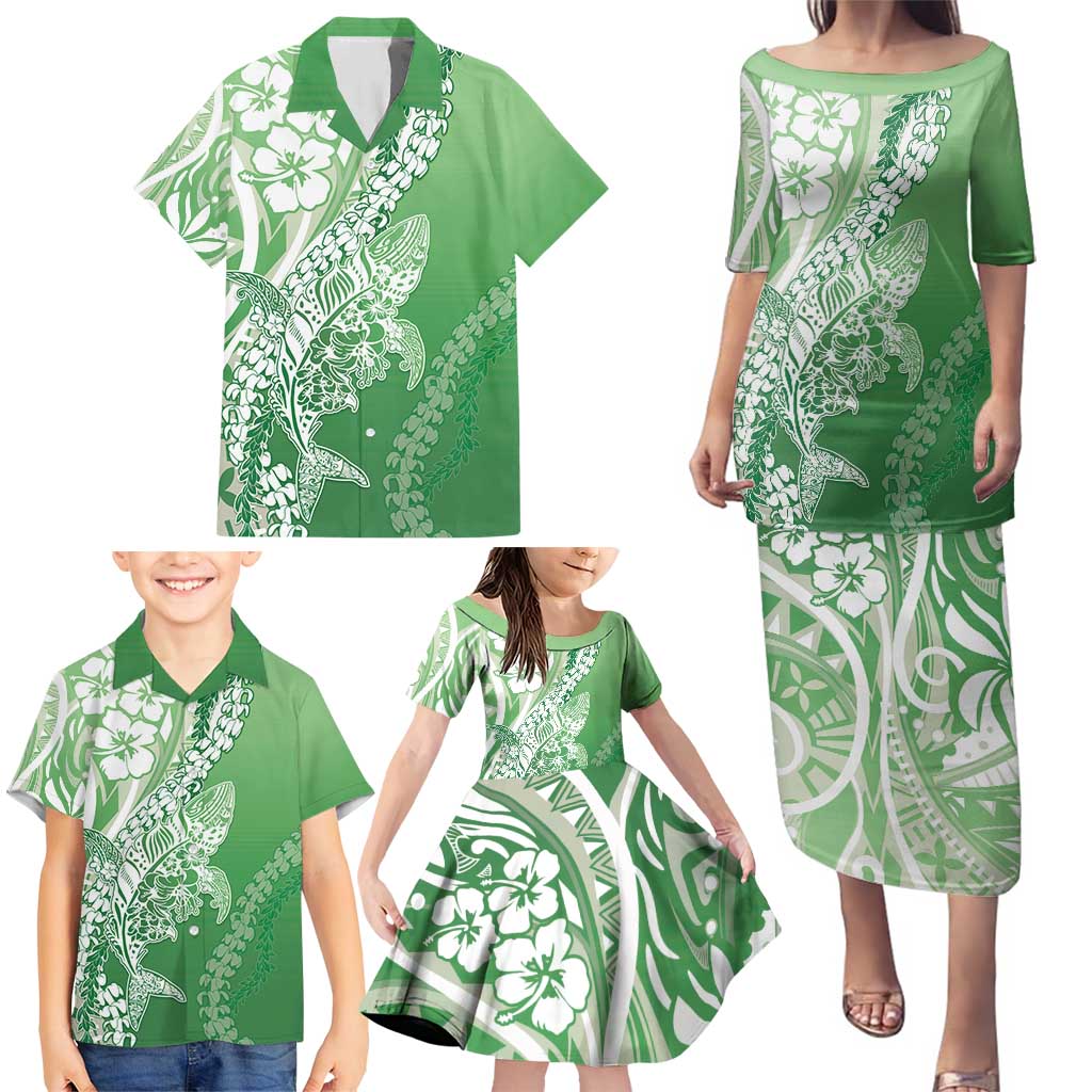 Hawaii Puakenikeni And Maile Lei Family Matching Puletasi and Hawaiian Shirt Green Polynesian Shark Tattoo DT05