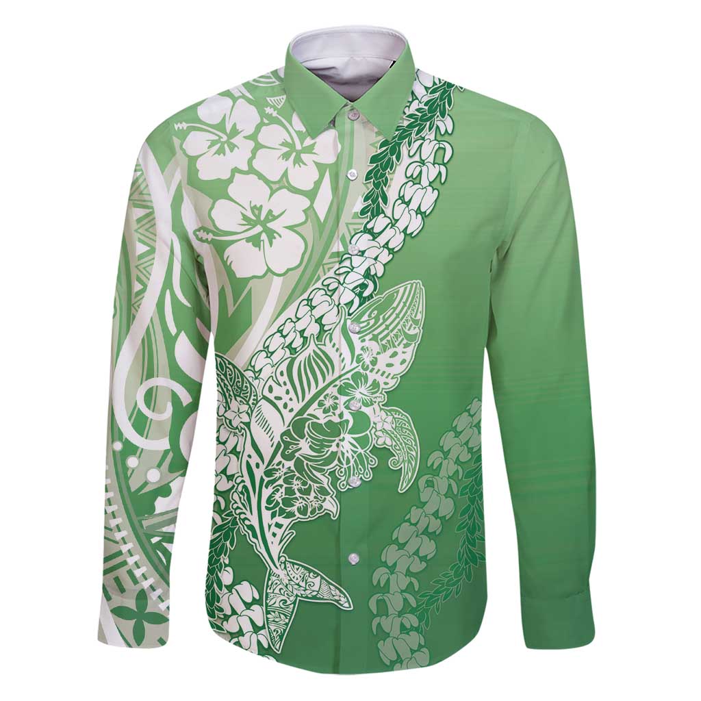 Hawaii Puakenikeni And Maile Lei Family Matching Puletasi and Hawaiian Shirt Green Polynesian Shark Tattoo DT05