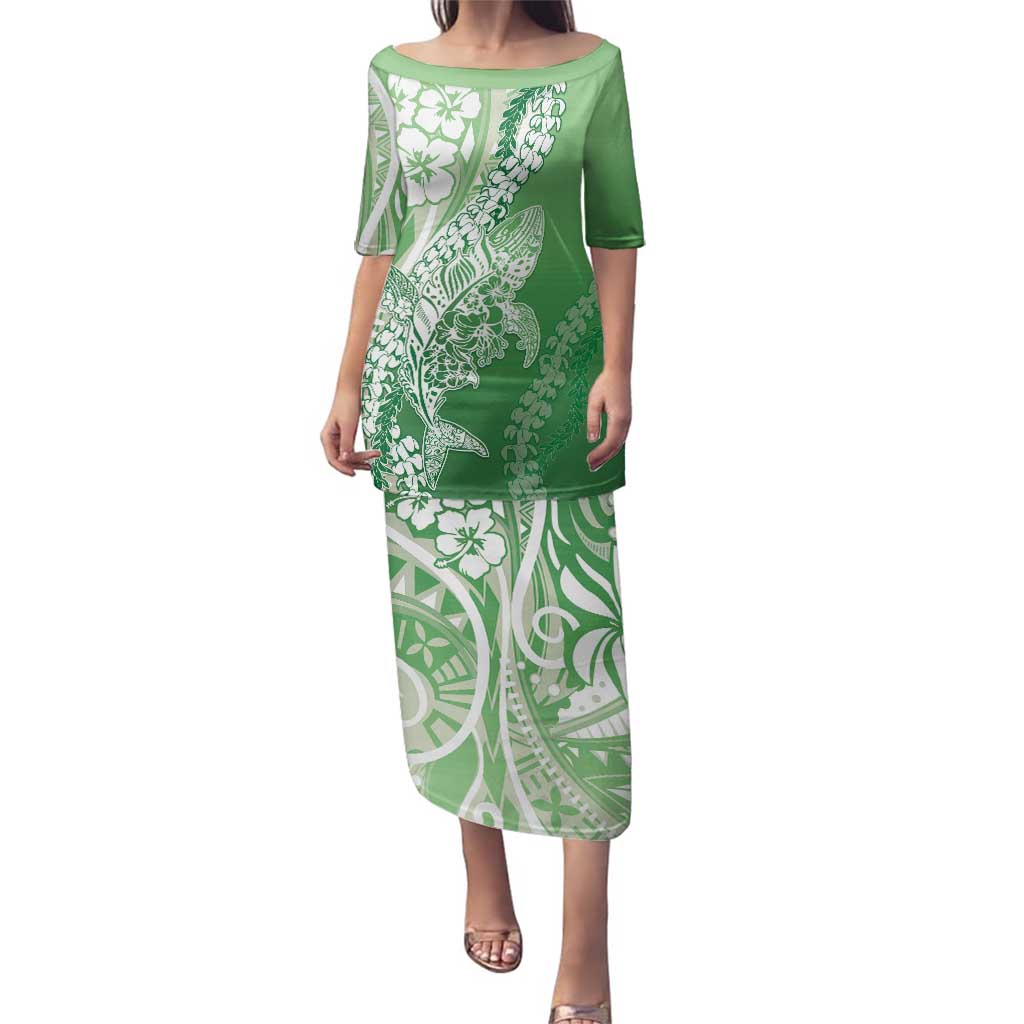 Hawaii Puakenikeni And Maile Lei Family Matching Puletasi and Hawaiian Shirt Green Polynesian Shark Tattoo DT05