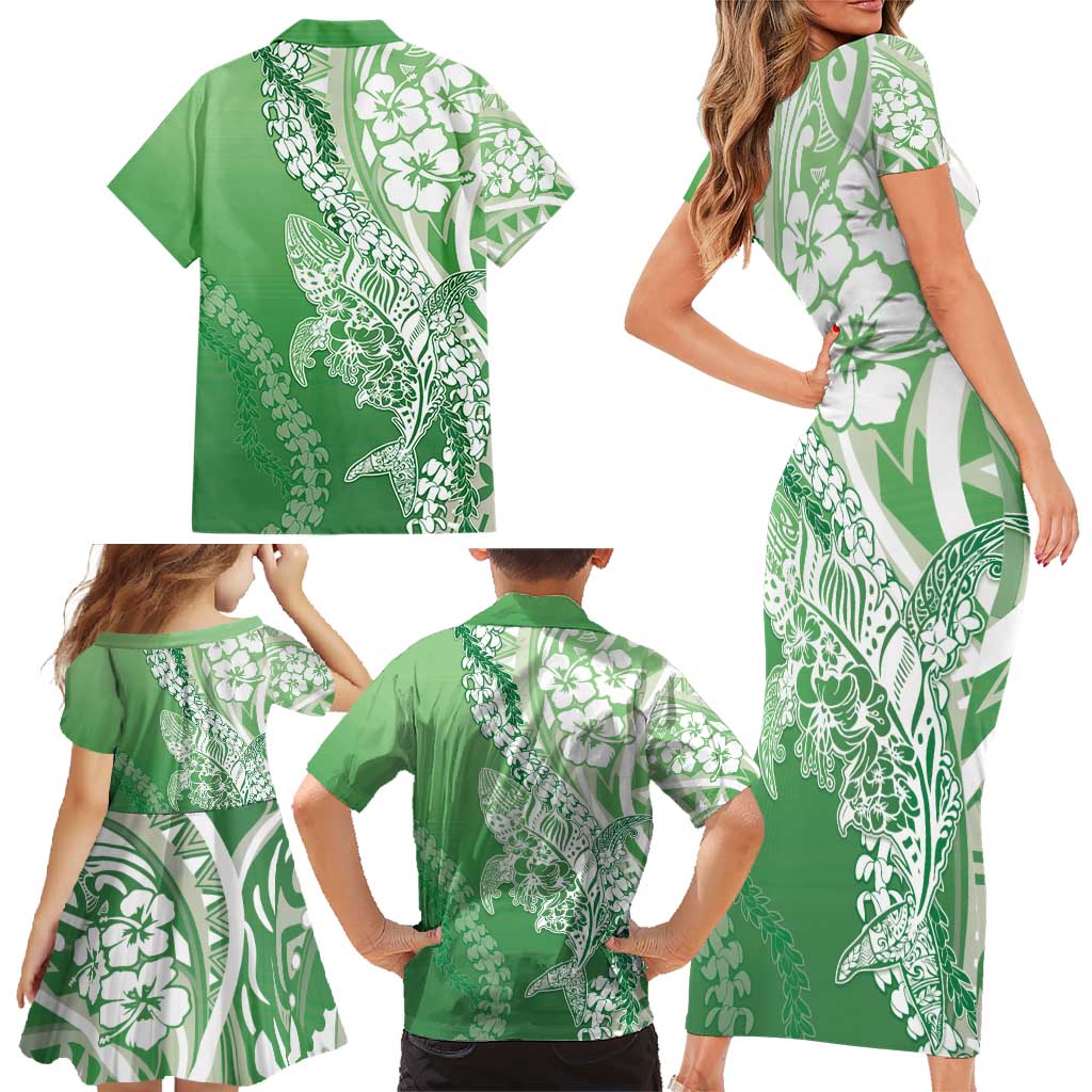 Hawaii Puakenikeni And Maile Lei Family Matching Short Sleeve Bodycon Dress and Hawaiian Shirt Green Polynesian Shark Tattoo DT05