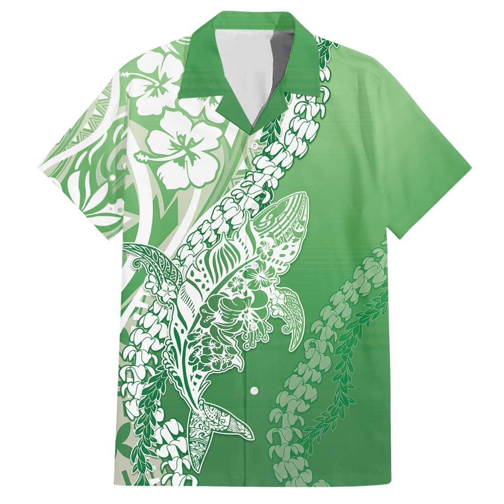 Hawaii Puakenikeni And Maile Lei Family Matching Short Sleeve Bodycon Dress and Hawaiian Shirt Green Polynesian Shark Tattoo DT05