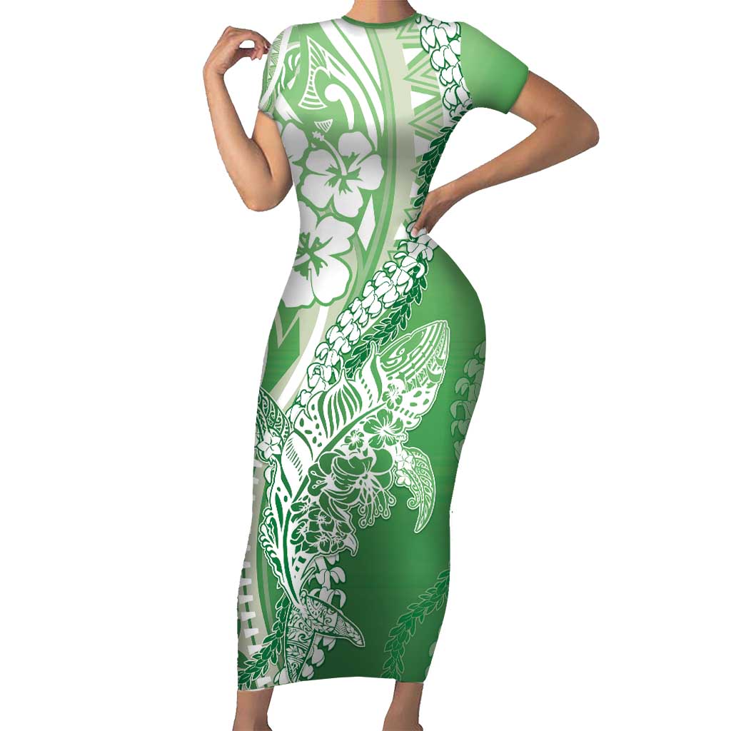 Hawaii Puakenikeni And Maile Lei Family Matching Short Sleeve Bodycon Dress and Hawaiian Shirt Green Polynesian Shark Tattoo DT05