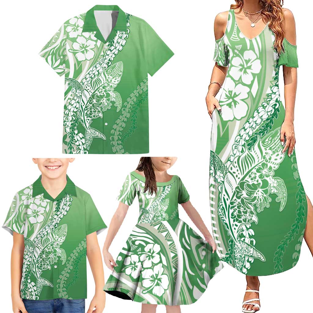 Hawaii Puakenikeni And Maile Lei Family Matching Summer Maxi Dress and Hawaiian Shirt Green Polynesian Shark Tattoo DT05