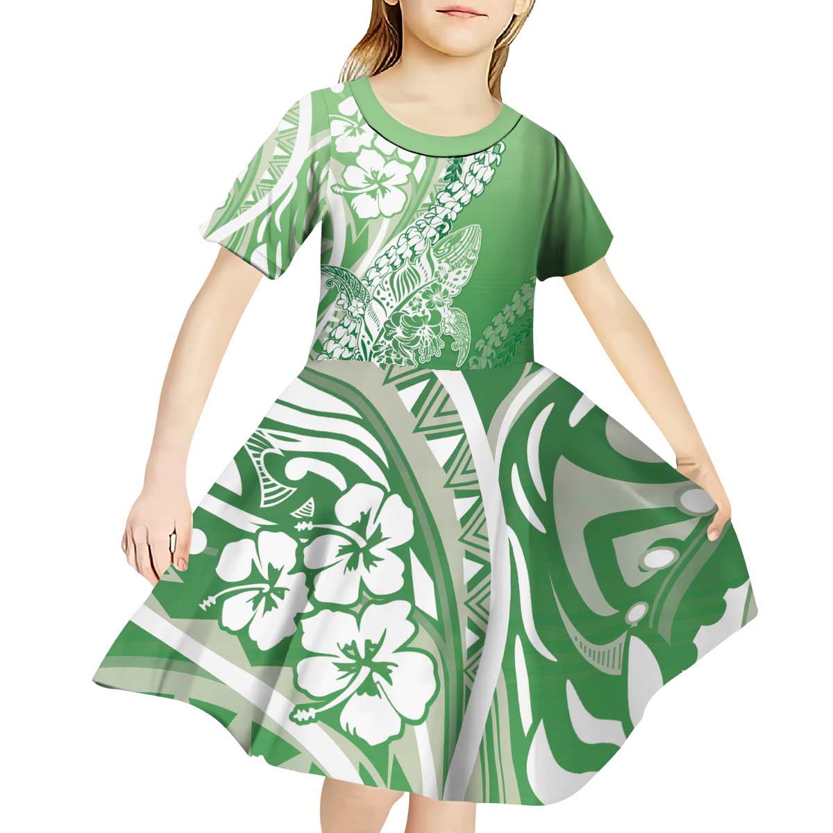 Hawaii Puakenikeni And Maile Lei Kid Short Sleeve Dress Green Polynesian Shark Tattoo DT05