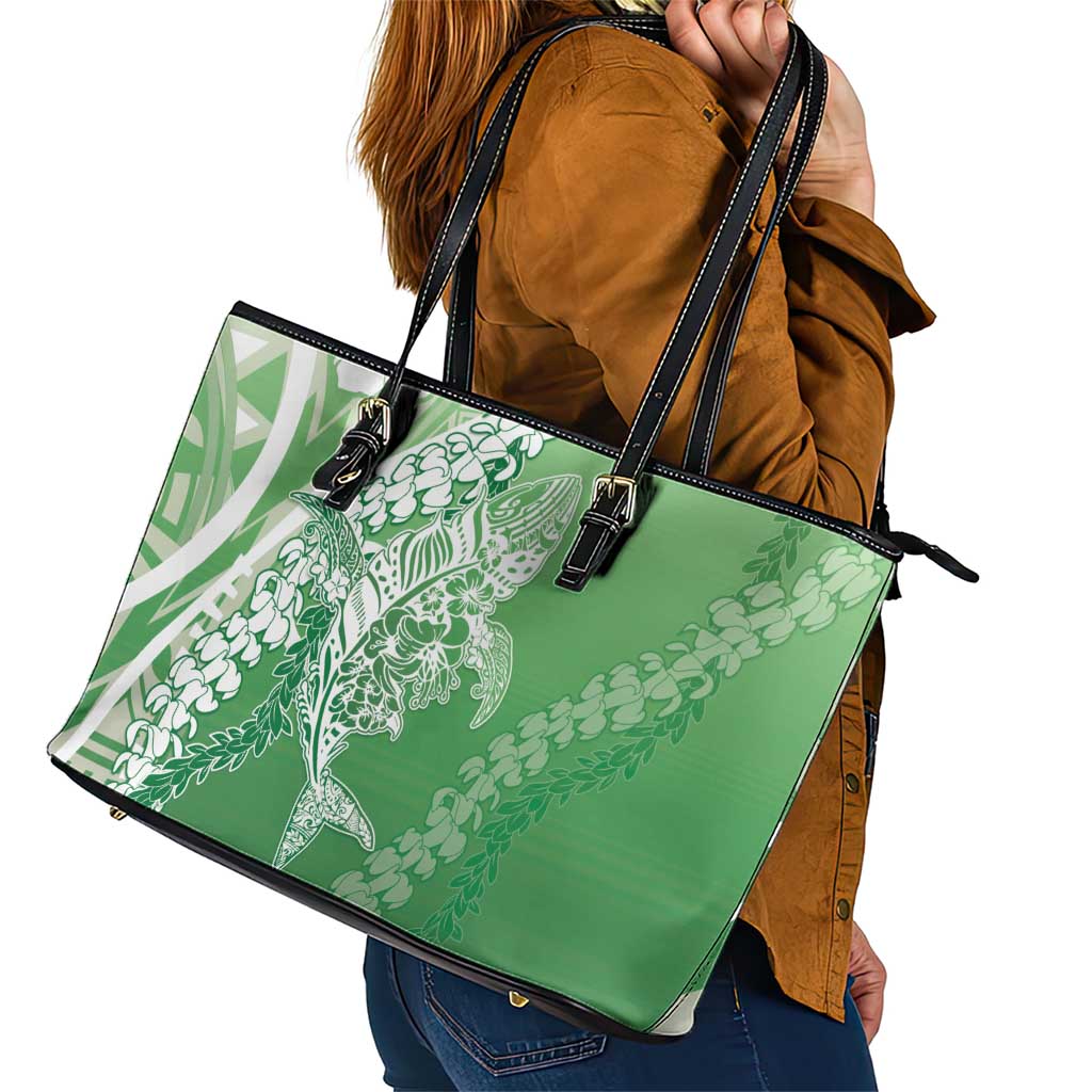 Hawaii Puakenikeni And Maile Lei Leather Tote Bag Green Polynesian Shark Tattoo DT05