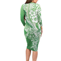Hawaii Puakenikeni And Maile Lei Long Sleeve Bodycon Dress Green Polynesian Shark Tattoo DT05