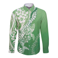 Hawaii Puakenikeni And Maile Lei Long Sleeve Button Shirt Green Polynesian Shark Tattoo DT05